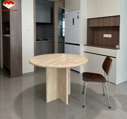Gepolijste beige ronde travertijn Eettafel Moderne stenen meubels voor de woonkamer