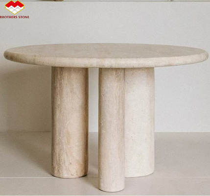 Gepolijste beige ronde travertijn Eettafel Moderne stenen meubels voor de woonkamer