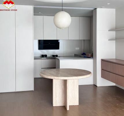 Gepolijste beige ronde travertijn Eettafel Moderne stenen meubels voor de woonkamer