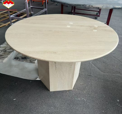 Gepolijste beige ronde travertijn Eettafel Moderne stenen meubels voor de woonkamer