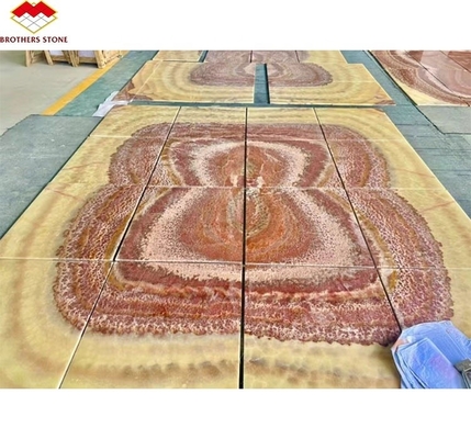 Achtergrondverlichting Rood Onyx Marmeren Steen Boek Matched Slab voor Transparante Marmeren Tafel Patroon