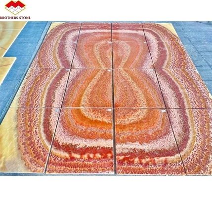 Achtergrondverlichting Rood Onyx Marmeren Steen Boek Matched Slab voor Transparante Marmeren Tafel Patroon