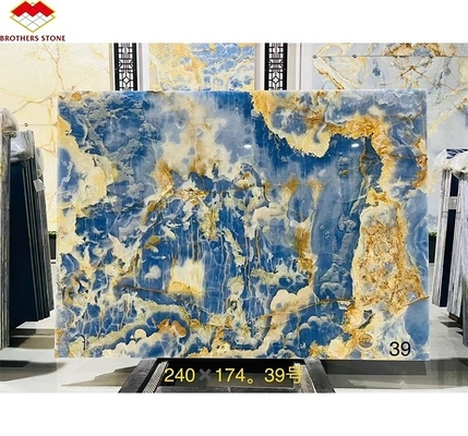 Blauw Gouden Onyx Steenplaten Natuurlijk Translucent Marmer voor TV Achtergrond Muurpanelen