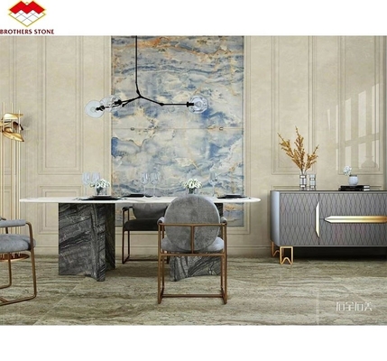 Blauw Gouden Onyx Steenplaten Natuurlijk Translucent Marmer voor TV Achtergrond Muurpanelen
