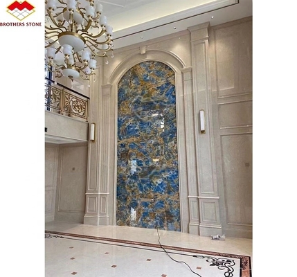 Blauw Gouden Onyx Steenplaten Natuurlijk Translucent Marmer voor TV Achtergrond Muurpanelen