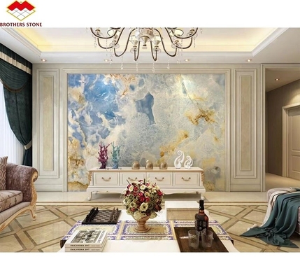 Blauw Gouden Onyx Steenplaten Natuurlijk Translucent Marmer voor TV Achtergrond Muurpanelen