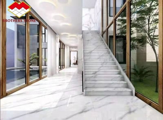 Op maat gemaakte moderne grijs witte korrels Marmeren trappen gesneden boogtrap voor binnen