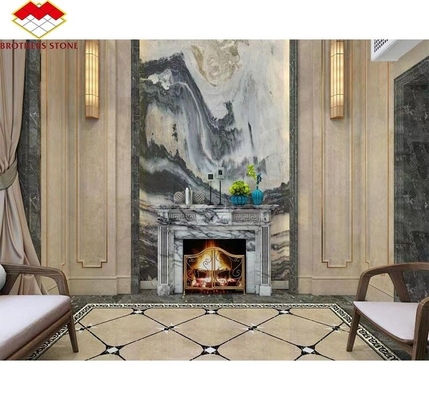 Moderne mini handgemaakte mantel kunstbeeldhouwwerk gebogen Frans New York marmer binnenshuis geurige sneeuw pruim open haard omgeven