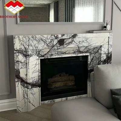 Moderne mini handgemaakte mantel kunstbeeldhouwwerk gebogen Frans New York marmer binnenshuis geurige sneeuw pruim open haard omgeven