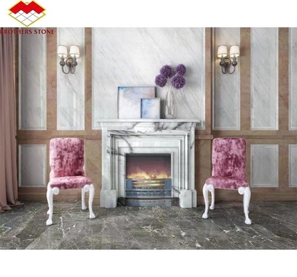 Moderne mini handgemaakte mantel kunstbeeldhouwwerk gebogen Frans New York marmer binnenshuis geurige sneeuw pruim open haard omgeven
