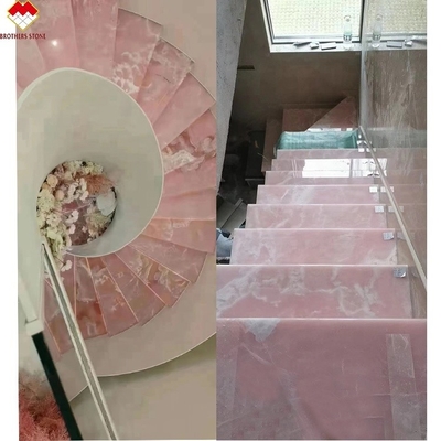Achtergrondverlichting roze onyx porseleinen tegels geometrisch ontwerp licht roze roze tafelplaten prijs groothandel doorschijnende roze onyx trappen