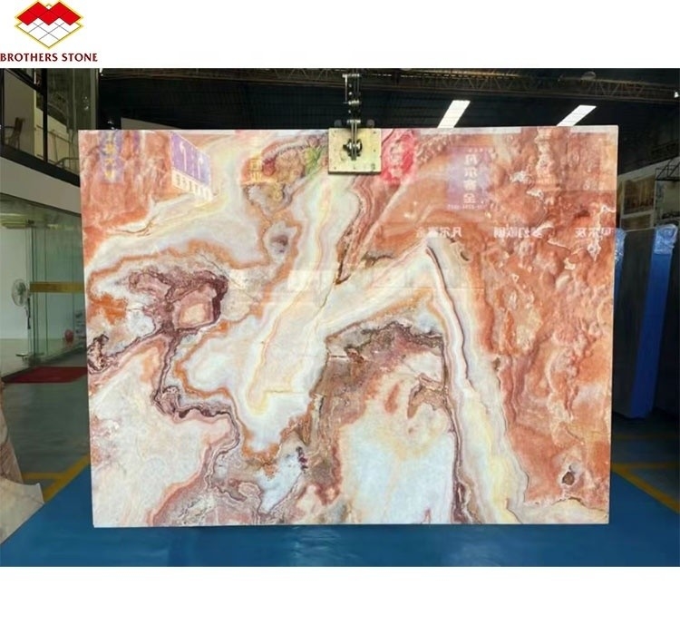 Achtergrondverlichting Rood Onyx Marmeren Steen Boek Matched Slab voor Transparante Marmeren Tafel Patroon