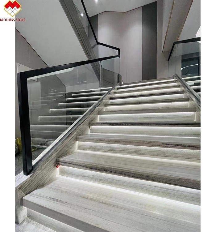 Houten aders witte marmeren trap met Led maat marmeren trap stap tegels met licht