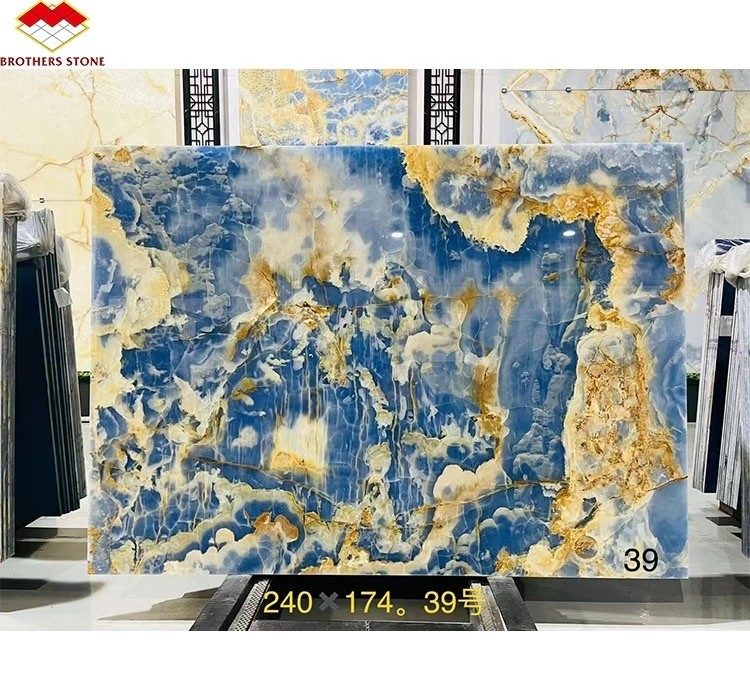 Blauw Gouden Onyx Steenplaten Natuurlijk Translucent Marmer voor TV Achtergrond Muurpanelen