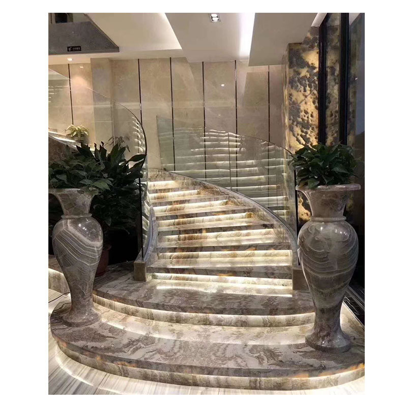 Moderne interieurontwerp Multicolore onyx houten ader marmeren trappen met glazen leuning