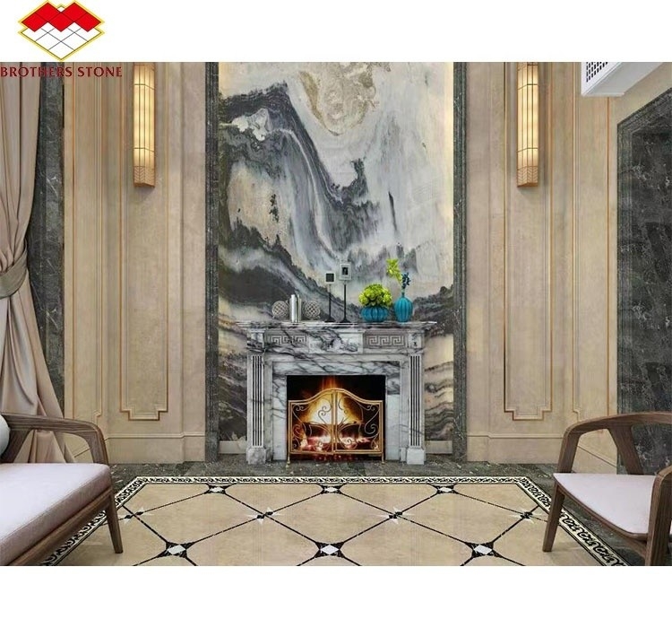 Moderne mini handgemaakte mantel kunstbeeldhouwwerk gebogen Frans New York marmer binnenshuis geurige sneeuw pruim open haard omgeven