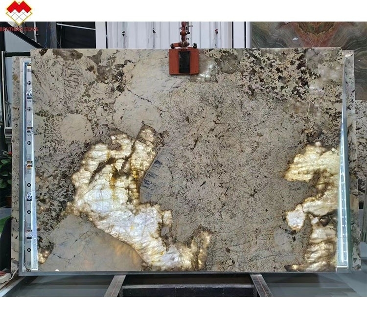 Modern Design Gouden Leverancier Gepolijste achtergrondverlichting Patagonië Pandora Quartzite Veneer Slab Crystal White Onyx Translucent Stone